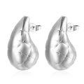Silver teardrop earrings with grid texture made of stainless steel shown on white background - Grid Hollow Waterdrop (MS-355) / Steel