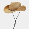 Detail of hand-woven straw cowboy hat featuring brown braided band and adjustable chin cord - One Size / Khaki