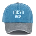 Retro washed baseball cap in blue and grey with white Tokyo embroidery and curved brim - Adjustable / Sky Blue Patchwork Grey