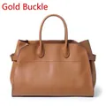 Vintage brown leather tote bag with gold hardware buckle and spacious interior - Large (39x24x27cm) / Brown_Gold Buckle