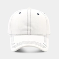 Detail of white cotton baseball cap showing navy contrast stitching and breathable eyelets - Adjustable / White