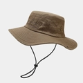 Detail of khakhi outdoor sun hat with mountain embroidery and adjustable windproof rope - M (56-58cm) / Khaki