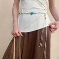 Detail of beaded waist chain featuring blue accent beads and woven white cotton rope ties - Blue Large Bead White Cotton Lace-up Waist Chain