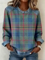 Detail of knitted plaid pattern sweater with denim patchwork on shoulders and cuffs - 3XL / Ocean Green
