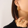 U-shaped 18K gold plated hoop earrings and checkerboard ring set worn by model - Gold Medium (3.3cm)