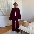 Conjunto de punto burdeos para mujer con cárdigan y pantalón de pernera ancha - S / Rojo Oscuro