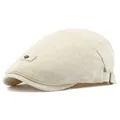 Men's retro ivy cap in cream linen fabric with decorative side strap and metal rivet - Adjustable / Beige