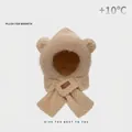 Detail of plush beige hooded scarf with bear ears and soft faux fur texture for winter - Khaki - [Wave Bear]