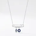 S925 sterling silver safety pin necklace with blue Hamsa hand and Evil Eye charms - Safety Pin With Hamsa Hand Charm Style (RHN1982)