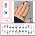 Long almond press-on nails with black French tips and striped heart designs, 24 pieces - Black French Tip Heart Stripe Style (Y-16) / Glue Type / Light Pink