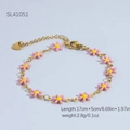 Bracciale a catena con margherite in acciaio dorato con petali rosa e pistilli gialli - Fiore Rosa/Catena Dorata