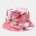 Close-up of pink tropical flower pattern and reinforced stitching on the wide brim sun hat - Pink Base Tropical Floral Print Style (19#色)