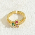 Luxurious 14K gold plated ring featuring double rows of beads and three colorful gemstones - Three-Stone Colored Zirconia Style