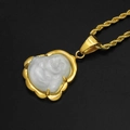 Gold plated stainless steel necklace with white jadeite laughing buddha pendant - White