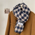 Blue and beige plaid gradient winter scarf in soft cashmere-like knit fabric - Navy Blue Checked With Hem