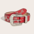 Cintura rossa in pelle coccodrillo con fibbia di strass argento e borchie punk - Rosso