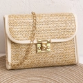 Beige woven straw crossbody bag with cream leather trim and gold chain strap - White (Lock Style)