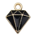Diamond-shaped black enamel pendant with golden metal edges for DIY jewelry making - Diamond 11.5x15mm