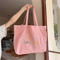 Rosa Canvas-Einkaufstasche mit Lucky Suzakka Stickerei und breiten Doppelgriffen - Rosa