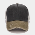 Detail of distressed olive green and grey mesh trucker hat with torn brim effect - Black and Khaki