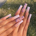 French ballerina coffin press-on nails with 3D purple flower and pink gradient on grass - Purple 3D Flower Gradient Style (JP1722)