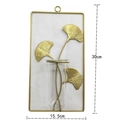 Golden wall hanging metal plant holder with ginkgo leaf and glass tube 30x15.5cm - Hydroponic Rectangle / Gold