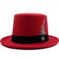 Red wool felt flat top top hat with black ribbon, feather and gold anchor button - M (56-58cm) / 08 Red