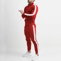 Side view of men's red track suit with white side stripes and stand collar detail - Red & White