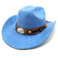 Detail of light blue faux suede cowboy hat with bull head emblem and amber beads - M (56-58cm) / Haze Blue