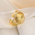 18K gold plated wide open ring with wave patterns and micro zircon disc setting - Large Round Brushed Style (14447) / Gold