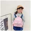 Pink kids sequin backpack detail with transparent heart pocket and side wing designs - Pink