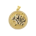 Golden round pendant featuring a 3D tiger head design with green eyes and sparkling zircons - Embossed Tiger Head Round Plate