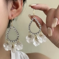 Elegant gold drop earrings with white petal tassels and sparkling crystal accents - French Vintage Shell Texture Tassel Style (E5520-7)