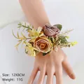 Vintage pink rose wrist corsage with golden accents and ribbon for wedding parties - Wrist Corsage / Tea Brown