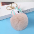 Pink faux fur pompom keychain with a leather unicorn head and gold-tone metal ring - Light Gold 4-Link Lobster Clasp / 9cm Apricot Unicorn