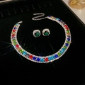 Floral ceramic pendant necklace with pearl drop and matching green stone earrings set - Silver-Colorful Gemstone 2Pcs Set (Necklace + Earrings)