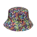Graffiti bucket hat with colorful street art prints and pop culture elements on white backdrop - Street Graffiti (O)