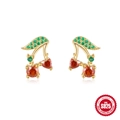 Elegant S925 sterling silver cherry stud earrings with red heart zircons and gold plating - 925 Silver / Cherry Stud (Gold#3)