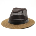 Detail of summer mesh fedora featuring brown straw brim and breathable hollow top mesh - M (56-58cm) / Coffee