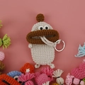 Handmade crochet monster key case in beige yarn with thick brown lips and keychain - Khaki