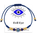 Adjustable blue woven rope evil eye bracelet with golden beads on display card - Blue