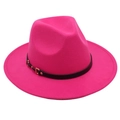 Detail of fuchsia wool fedora hat with black leather band and gold buckle accent - One Size / Rose Red (Single Band)