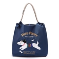 Bolso tote de nailon azul oscuro con bordado de cachorro y asas de cuerda trenzada gris - Teckel de Muelle Azul