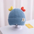 Blue knit baby winter hat with yellow and red heart accents and soft lining - Reference Age: 3--36 Months/40-50cm / Sky Blue - Double Heart Ears
