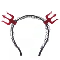 Detailed view of red devil trident headband with elegant black lace trim for costume party - Red Trident