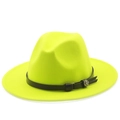 Detail of neon yellow felt hat featuring a black leather band and silver floral metal buckle - M (56-58cm) / Neon Green