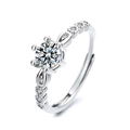 Six-prong silver ring with large round crystal and leafy side accent diamonds - J0320-Six-Prong Petal Cutout