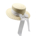 Close-up of a woven straw boater hat featuring a wide white silk ribbon and bow - M (56-58cm) / White Long Ribbon