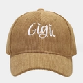 Close-up of brown corduroy baseball cap with white Gigi embroidery and striped texture - One Size / Khaki