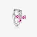 Elegant S925 silver hoop earrings with pink star shaped zircon stones on white background - Platinum Cross Star Pink & White Stone (Single)